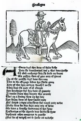 Żona Bath, ilustracja z „Canterbury Tales” Geoffreya Chaucera (ok. 1345-1400), wydrukowana przez Williama Caxtona (ok. 1422-91)